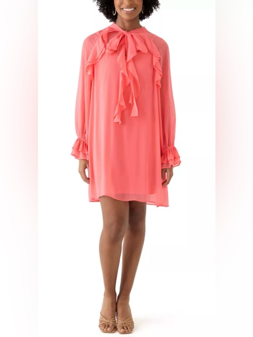 Long Sleeve Tie Neck Ruffle A-Line Dress In Coral